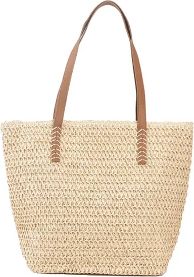 Bolsa de praia grande de palha para mulheres, bolsa de palha de tecido com zíper, bolsa de ombro de palha de verão