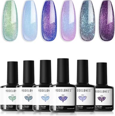Conjunto de Esmaltes em Gel Camaleão Modelones, 6 Cores Aurora Shimmer Glitter, 7ml cada, Azul Verde Roxo, para Lâmpada LED