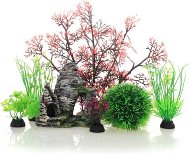 JIH Conjunto de decoração de plantas de plástico para aquário e decorações de caverna com 7 peças, plantas artificiais pequenas e grandes (CU89Red-7)