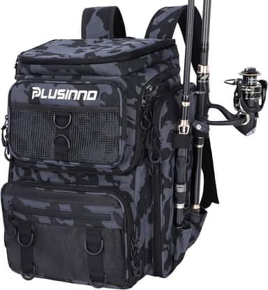 PLUSINNO Mochila de pesca com caixa de equipamentos de suporte de vara, grande 42L resistente à água, bolsa de equipamentos de pesca, loja de equipamentos de pesca