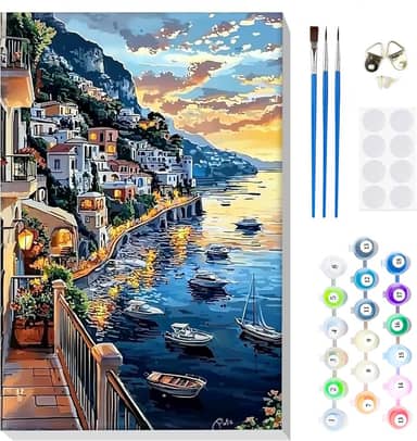 MOGTAA Kit de pintura por números para adultos iniciantes emoldurado, kits de pintura por números para adultos em tela, kits fáceis de pintar por número, kits de pintura a óleo DIY Coastal Town para