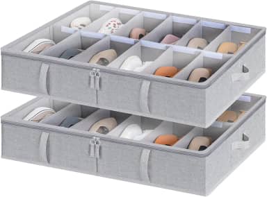 StorageWorks Organizador de armazenamento de sapatos sob a cama, recipiente para sapatos embaixo da cama com divisórias ajustáveis, cesta de armazenamento de sapatos com capa, cinza, pacote com 2,