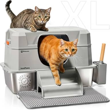 Caixa de areia para gatos de aço inoxidável com controle de odor - Design profundo fechado 28L XL para felinos grandes, laterais altas - tapete 3 em 1 - degraus e colher - caixa de areia de aço