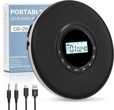 Sunoony Leitor de CD Walkman, leitor de CD portátil para carro, leitor de CD Disman pessoal com conector de fone de ouvido, visor LCD, anti-salto, cabo auxiliar/slot TF, 2 pilhas AA ou fonte tipo C