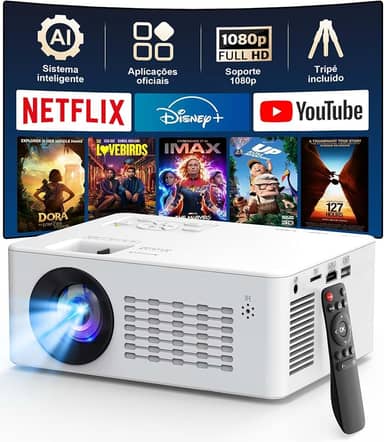 Projetor Portátil Android, WiFi 6 e Bluetooth 5.1, Suporte 4K e 1080P Full HD, Tecnologia LED, HDMI/USB/Áudio/TF, Compatível com Android/iOS, Com Suporte Tripé, Ideal para Casa, Escritório e Aula