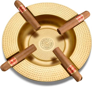 Cinzeiro de charuto, 4 compartimentos, inquebrável, grande anel, para decoração externa/interna, com 4 suportes para charutos, bandeja de metal para homens (dourado)