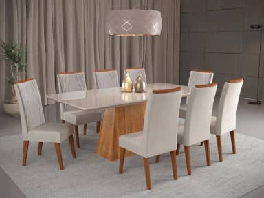 Mesa de Jantar Retangular Sylk com 8 Cadeiras Madeira Maciça Vegas Mel/V.Marfim/Off White