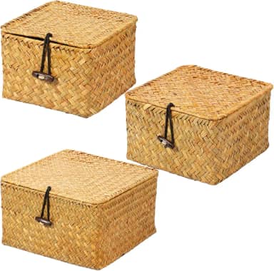 Pacote com 3 cestas de armazenamento de vime com tampas, caixas retangulares duráveis e empilháveis para prateleira, armário, quarto, poeira e sujeira