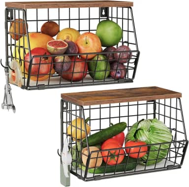 Cesta de frutas de 2 camadas para cozinha, cesta suspensa empilhável com tampa de madeira, organizador de balcão de cozinha montado na parede para armazenamento de frutas, vegetais, marrom