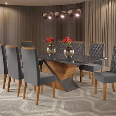Mesa de Jantar Retangular 200x90 Noble com 8 Cadeiras Iza Mel/Grafite
