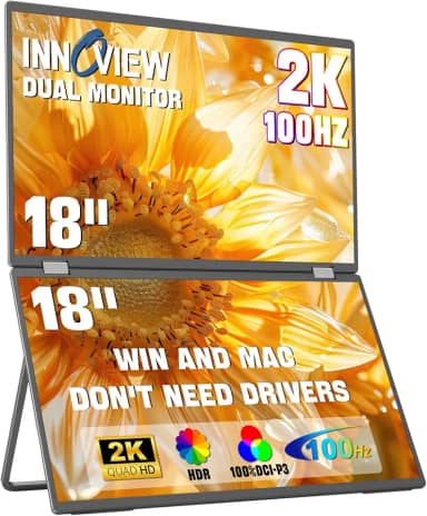 InnoView Monitor portátil de 45.7 cm 2K 100Hz 100% sRGB monitor duplo portátil para laptop, extensor de tela ajustável de 315° para Windows Mac com monitores dobráveis HDMI DP tipo C (nenhum driver