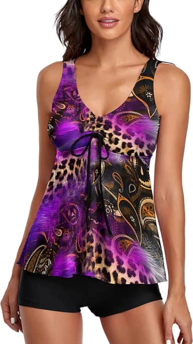 Tanquíni modesto para mulheres, duas peças, regata com boyshort, roupa de banho com controle de barriga