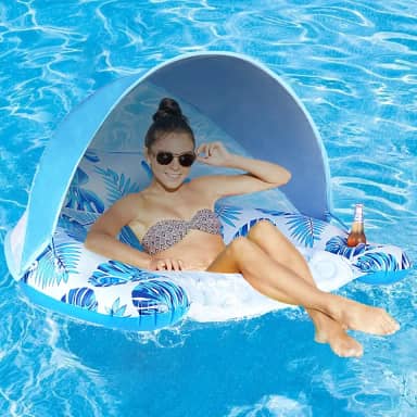 Boia de piscina COOLCOOLDEE com cobertura, porta-copos - Boia de espreguiçadeira para cadeira de piscina XL com capa de proteção solar ajustável, porta-copos, apoio de cabeça ergonômico, boia de