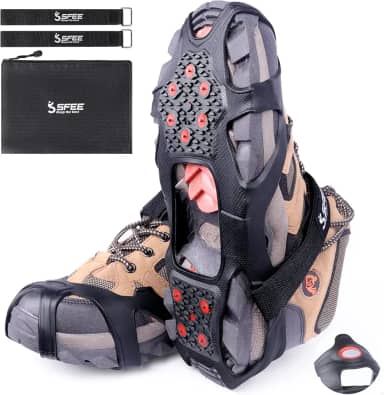 Sfee Grampos de Gelo Crampons, V3 Grampos de Gelo de Tungstênio para Sapatos e Botas Crampons para Botas de Caminhada Grampos de Gelo para Mulheres Homens Crianças Chuteiras de Tração para Caminhar Na