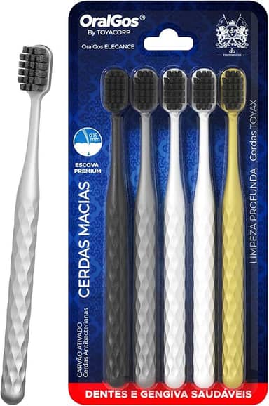 Escova de Dente Adulto, 5 Unidades, Cerdas de Carvão Ativo, Macia, Para Gengivas Sensíveis, Multi-Cores, Prática para Viagem e Uso Familiar