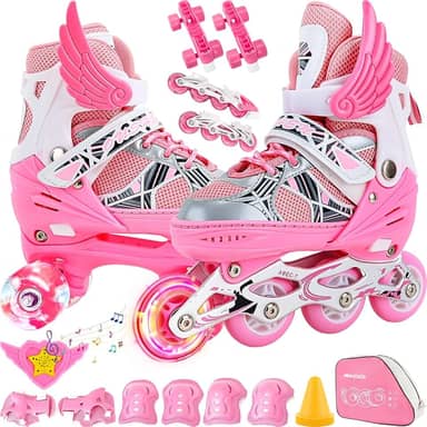 2 Em1 Patins Infantil Ajustável, Patins 4 Rodas, Patins Quad, Patins Infantil Menina, Ajustável com Bolsa e Kit Proteção, Para meninas, meninos e iniciante, Rosa P (28-32)