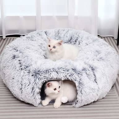 Túnel de pelúcia para gatos com cama para gatos internos, túnel multifuncional para gatos pequenos, médios e grandes, filhotes de coelho (cinza)