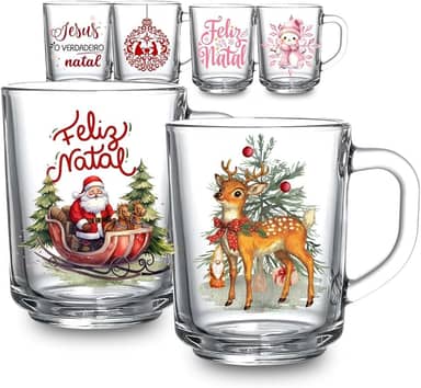 Kit 2 Canecas Especial Natal 225ml Vidro Decorativa Jesus Rosa Vintage Fim De Ano Papai Noel Presente (Vintage)