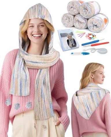 Coopay Kit de crochê para iniciantes, kits de crochê para adultos e crianças – 4 pontos básicos para completar cachecol com capuz, perfeito para crochê cachecol com capuz com instruções passo a passo