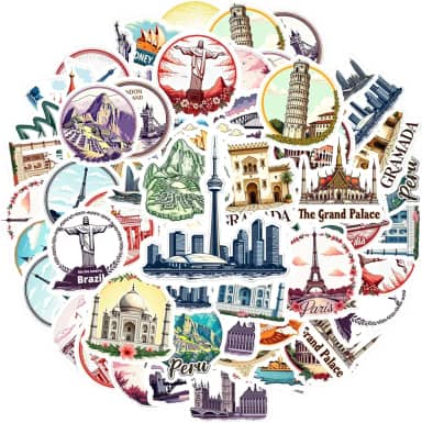 Pacote de adesivos culturais com 35 peças de marcos de viagem e turismo, arquitetura artística, decalques para notebook, bagagem, copo de celular, faça você mesmo, telefone, guitarra, laptop, notebook