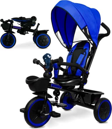 KRIDDO Carrinho Triciclo 7 Em 1 Para Crianças De 18 Meses A 5 Anos, Alça Ajustável, Assento Giratório, Porta-Copos E Capota Retrátil, Triciclo Dobrável Para Bebê Com Guarda-Corpo Removível, Apoio Para