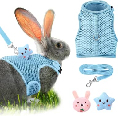 Conjunto de arnês e coleira de coelho com 2 decorações fofas, roupas de coelhinho, fivela ajustável, colete de malha respirável para coelhos, furão, porco pequeno, suprimentos para caminhada (azul