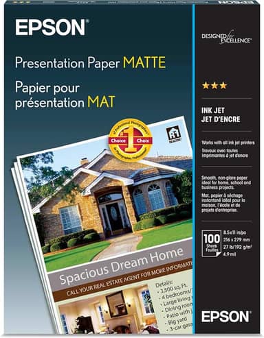 Epson Papel de apresentação fosco, 21 x 28 cm, 100 unidades (S041062), branco