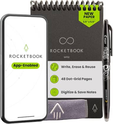 Rocketbook Novo mini bloco de notas inteligente reutilizável, tamanho de bolso 9,5 x 14,5, preto - páginas pontilhadas, conectadas a aplicativos, apagável, ideal para anotações rápidas em qualquer