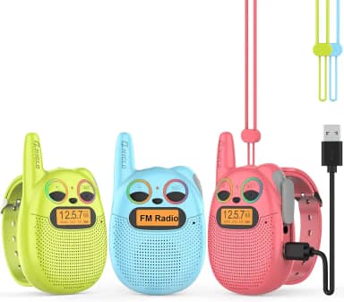 QNIGLO Q136 Kitten Walkie Talkie Crianças 3 Unidades, Alcance de 2-5Km, Walkie Talkie Esportivo Portátil com Rádio FM, Presentes e Brinquedos para Crianças Acima de 3 Anos (Vermelho Azul Verde)