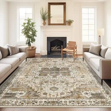 Roxstand Tapete 5x7, resistente a manchas, lavável à máquina, tapetes com suporte antiderrapante, tapetes boho persas vintage para quarto, sala de estar, tapete grande macio de pelo baixo (bege/marrom, 1,52 m x 18,7 m)