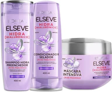 L'Oréal Paris Elseve Hidra Hialurônico Kit Shampoo 400ml + Condicionador 400ml + Creme de Tratamento 300G, Ação Preenchedora que Injeta 4X Mais Hidratação nos Fios Desde o Primeiro Uso