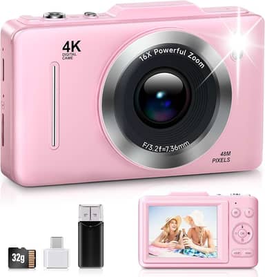 Câmera digital, câmera digital FHD 1080p para fotografia com zoom de 16x, cartão de 32 GB, câmeras digitais compactas pequenas 4K 48MP para adolescentes adultos iniciantes e crianças presente (rosa)