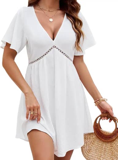 Saída de praia feminina de crochê com gola V, vestido de praia rodado 2023