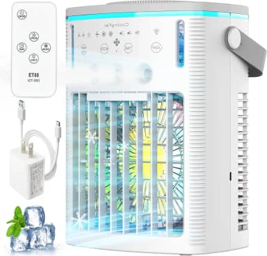 Ventilador de ar condicionado portátil, ar-condicionado evaporativo pequeno com controle remoto, mini AC portátil para quarto, acampamento, carro, escritório, mini cooler pessoal 3 em 1 com luz