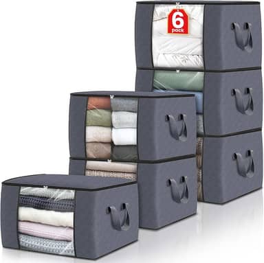 Fab totes Pacote com 6 sacos de armazenamento de roupas, sacos de armazenamento de cobertor dobrável, recipientes de armazenamento para organizar quarto, armário, roupas, edredom,