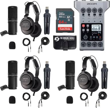 The Imaging World Pacote De Gravador Podcast Portátil Multipista Zoom Podtrak P4 Com Três (3) Microfones, Fones Ouvido, Protetor Contra Vento, Xlr E Suportes Mesa + Carteira Para Cartão 64 Gb