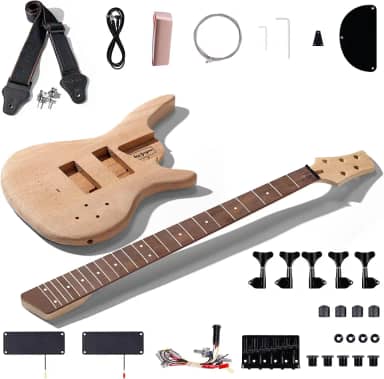 Leo Jaymz Kits De Baixo Elétrico Faça Você Mesmo Para Iniciantes - Corpo De Freixo Torrado, Braço De Bordo Torrado E Escala De Ébano - Componentes Completos Incluídos (Ib 5 Cordas)