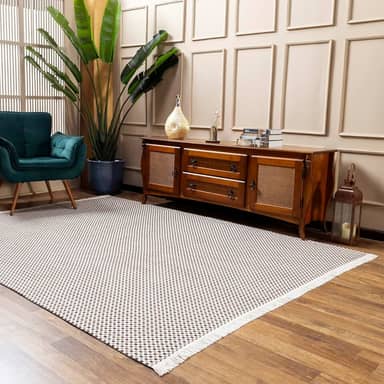 Tapete Grande para Sala, 3,00m x 2,00m, Tear 100% Algodão Encorpado, Lavável na Máquina (xadrez cinza/preto/cru, 2.50m x 2.00m)