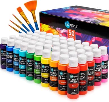 UPGREY Conjunto de tintas acrílicas de 50 cores, tintas de arte não tóxicas (2fl Oz/60 ml cada) com 5 pincéis de pintura artesanal, tintas acrílicas metálicas para crianças e adultos para artesanato