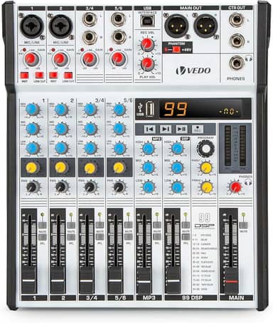 VEDO Mesa de Som Ultrafina de 6 Canais com 99 Efeitos DSP, Bluetooth 5.0, USB/OTG, Alimentação Fantasma de 48V, EQ de 3 Bandas para Apresentações ao Vivo, Gravações, Reuniões e Estúdio Doméstico
