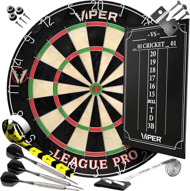 Conjunto de Dartboard Viper League Pro Regulation Bristle Steel Tip com Bullseye sem grampos, aro radial de aranha, sisal de alto nível com anel giratório, marcador de giz de cricket, dardos de ponta de aço