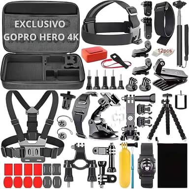 Kit Acessórios 65 em 1 para GoPro Hero 4K com Estojo Rígido, Tripé, Flutuador, Suporte Cabeça e Peitoral, Fixadores, Vlog, Bike, Ideal para Mergulho, Esportes Radicais, Viagens