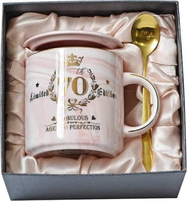 Presentes de aniversário de 70 anos para mulheres - Caneca de café envelhecida à perfeição - Presente de aniversário exclusivo para avó, mãe, esposa, namorada, irmã, - Caneca de mármore rosa para
