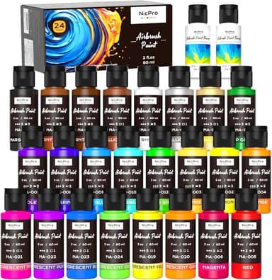 Nicpro Tinta para aerógrafo de 24 cores (60 ml, 60 ml) com 2 mais finas, prontas para pulverizar, conjunto de tintas acrílicas opacas à base de água para modelo, metal, plástico, madeira, tela