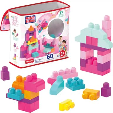 MEGA BLOKS, Sacola Vermelha com 60 Blocos de Montar Grandes e Coloridos, Conjunto de Brinquedo para Idades a partir de 1 ano