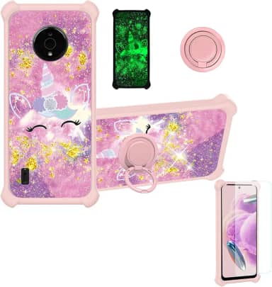 Capa para Nokia C200 compatível com Nokia C200 N151dl [com protetor de tela de vidro temperado][PC rígido + silicone macio][glitter dourado + luminoso] JSF-DJS