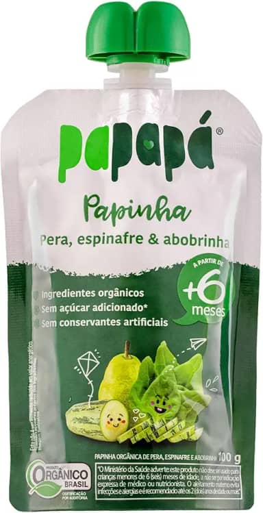 Papapá, Papinha Orgânica de Frutas, Sabor Pêra, Espinafre e Abobrinha, 100g, Sem Açúcar Adicionado, Ingredientes Naturais