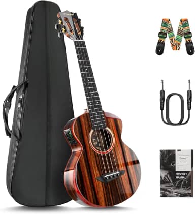 Caramel Ukulele elétrico e acústico tenor brilhante de ébano Cuteway da TEG91 com apoio de braço | Kit Ukelele profissional feito à mão de 66 cm com acessórios