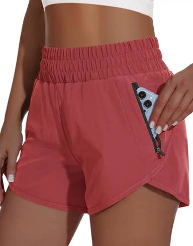 Short esportivo feminino de cintura alta de 10 cm de cintura alta para corrida, academia, secagem rápida, controle de barriga e bolsos com zíper