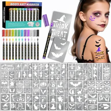 Marcadores temporários de tatuagem para pele, 12 marcadores corporais de metal + 169 estênceis de tatuagem para crianças e adultos, ponta de pincel flexível, cores brilhantes, tinta de tatuagem de